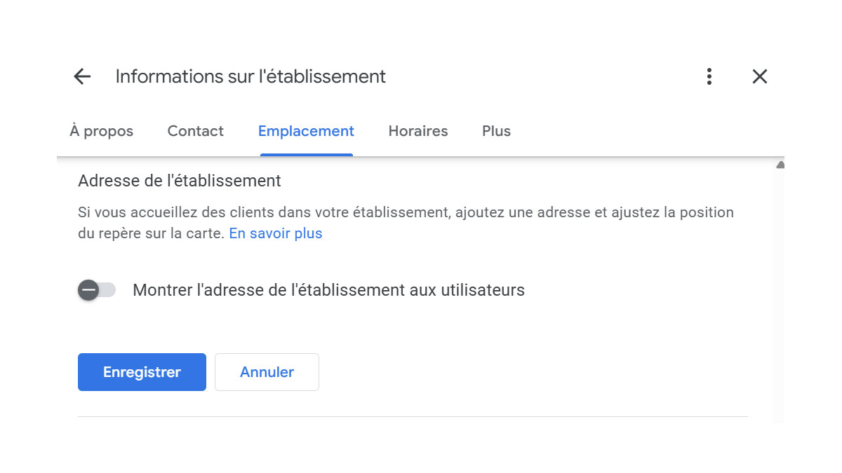 Service Area Business : votre fiche Google est en danger 6 Emplacement fiche établissement