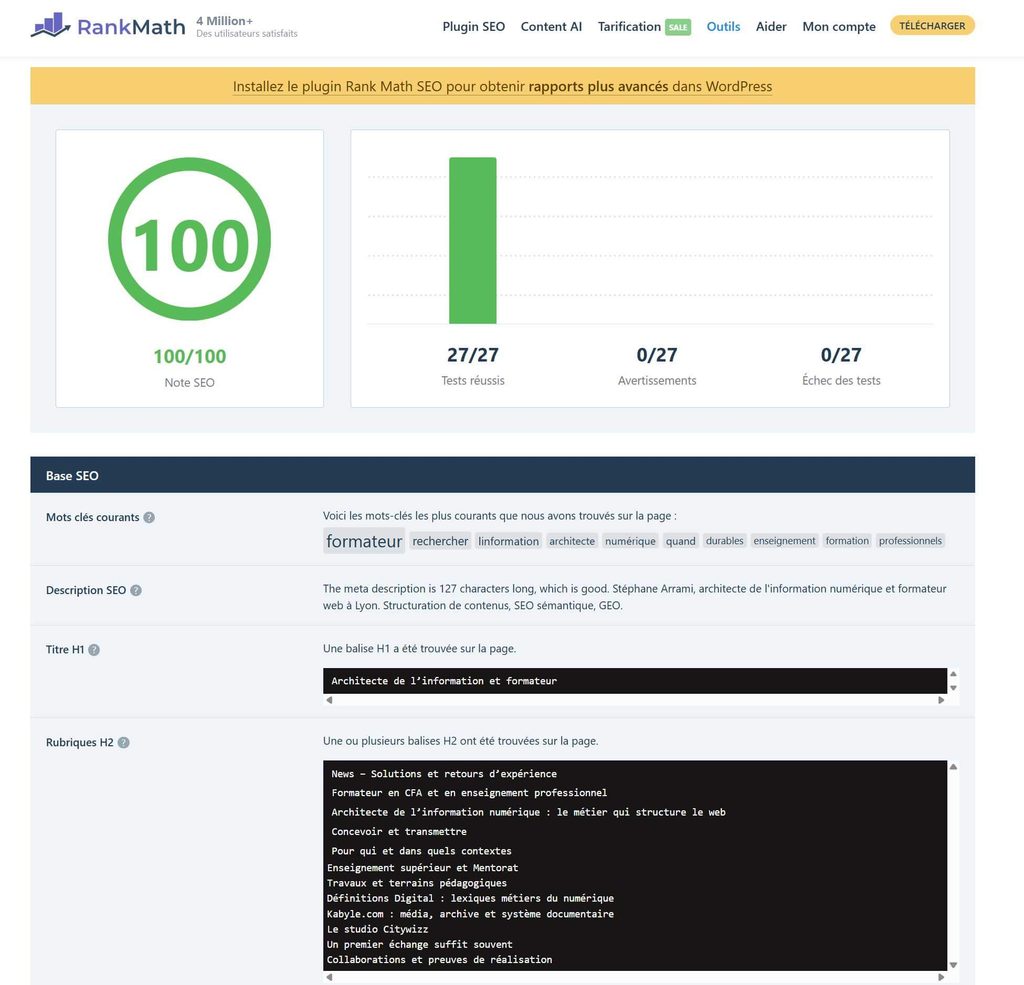 Qualité du site stephane-arrami.com 1 seo analyser rank math stephane arrami